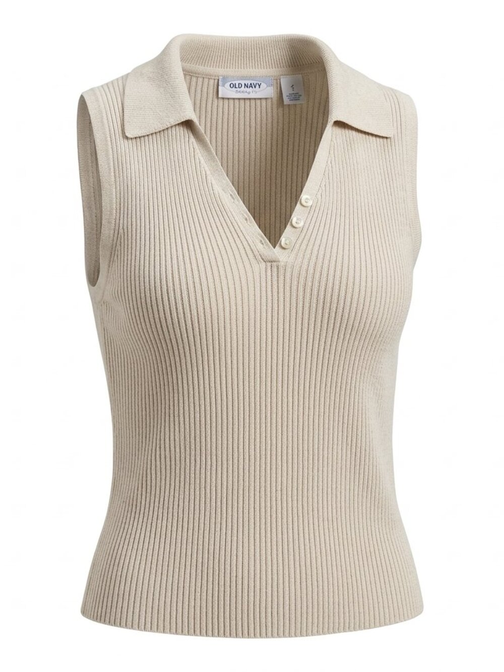 Vintage 90s Old Navy Womens Sleeveless Ribbed Knit Polo Cream Oat Silk Tank Top